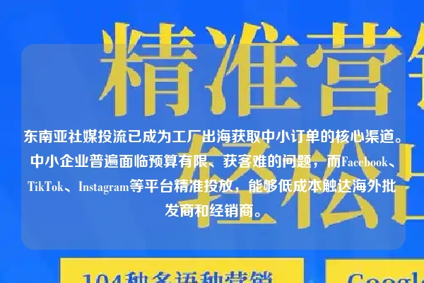 东南亚社媒投流已成为工厂出海获取中小订单的核心渠道。中小企业普遍面临预算有限、获客难的问题，而Facebook、TikTok、Instagram等平台精准投放，能够低成本触达海外批发商和经销商。