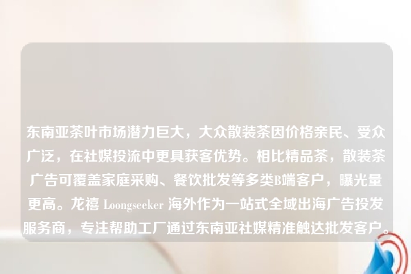 东南亚茶叶市场潜力巨大，大众散装茶因价格亲民、受众广泛，在社媒投流中更具获客优势。相比精品茶，散装茶广告可覆盖家庭采购、餐饮批发等多类B端客户，曝光量更高。龙禧 Loongseeker 海外作为一站式全域出海广告投发服务商，专注帮助工厂通过东南亚社媒精准触达批发客户。