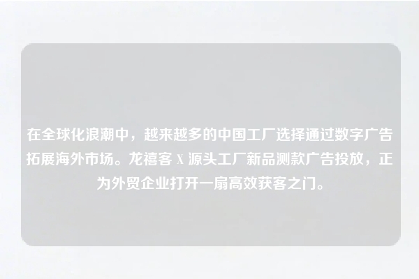 在全球化浪潮中，越来越多的中国工厂选择通过数字广告拓展海外市场。龙禧客 X 源头工厂新品测款广告投放，正为外贸企业打开一扇高效获客之门。