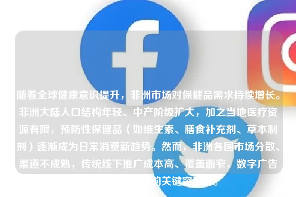 随着全球健康意识提升，非洲市场对保健品需求持续增长。非洲大陆人口结构年轻、中产阶级扩大，加之当地医疗资源有限，预防性保健品（如维生素、膳食补充剂、草本制剂）逐渐成为日常消费新趋势。然而，非洲各国市场分散、渠道不成熟，传统线下推广成本高、覆盖面窄，数字广告成为进入该市场的关键突破口。