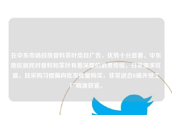 在中东市场投放香料茶叶类目广告，优势十分显著。中东地区居民对香料和茶叶有着深厚的消费传统，日常需求旺盛，且采购习惯偏向批发批量购买，非常适合B端外贸工厂精准获客。